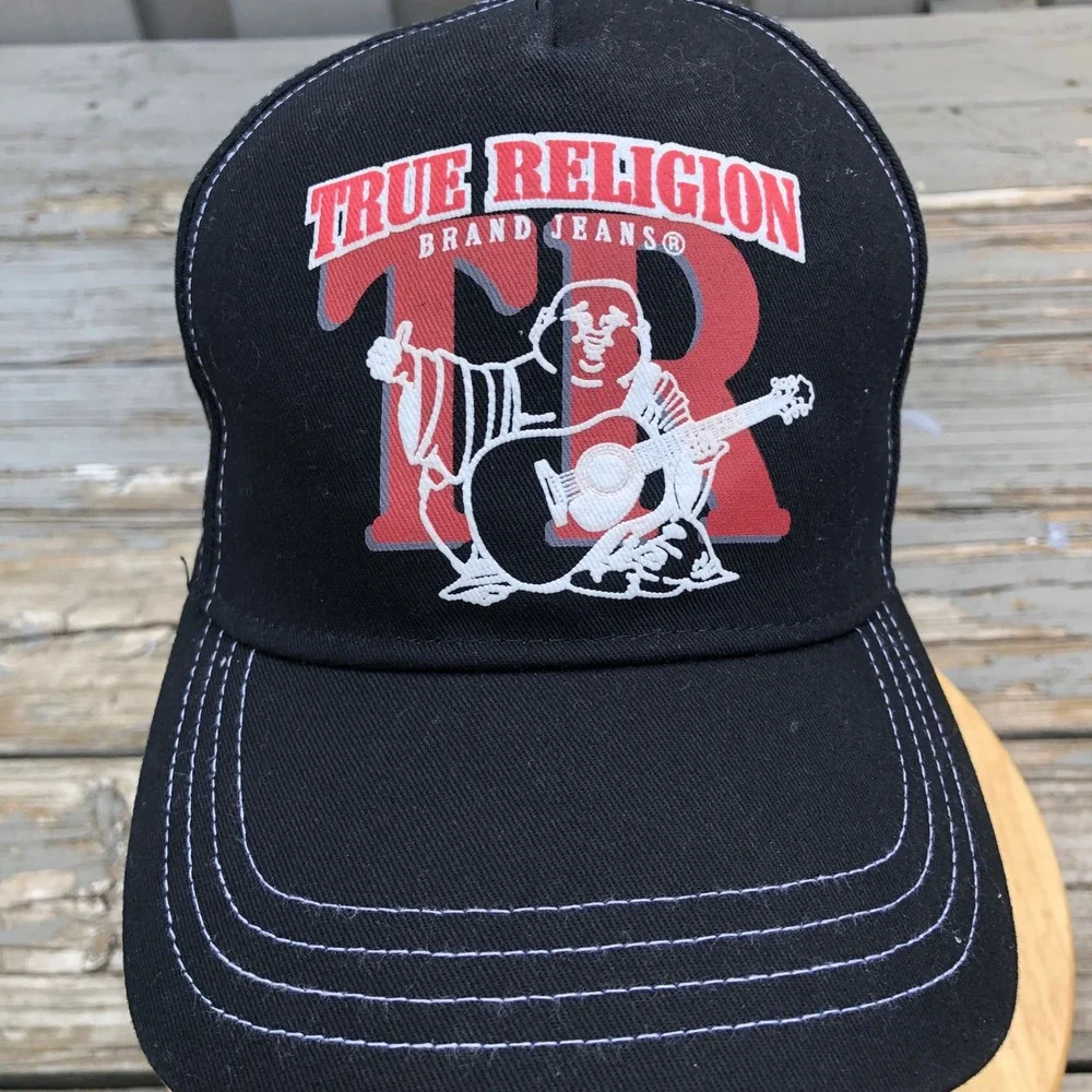 NEW True Religion Trucker Hat Buddha Guitar Black Contrast Stitch Adult Snapback